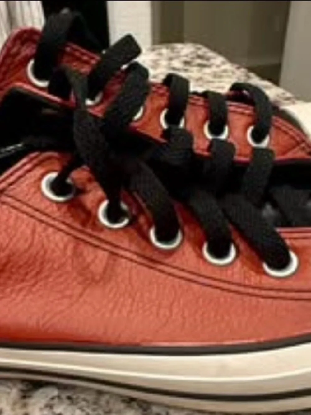 Like *NEW* Custom created young men’s 5 1/2 Converse leather low top maroon/blk
